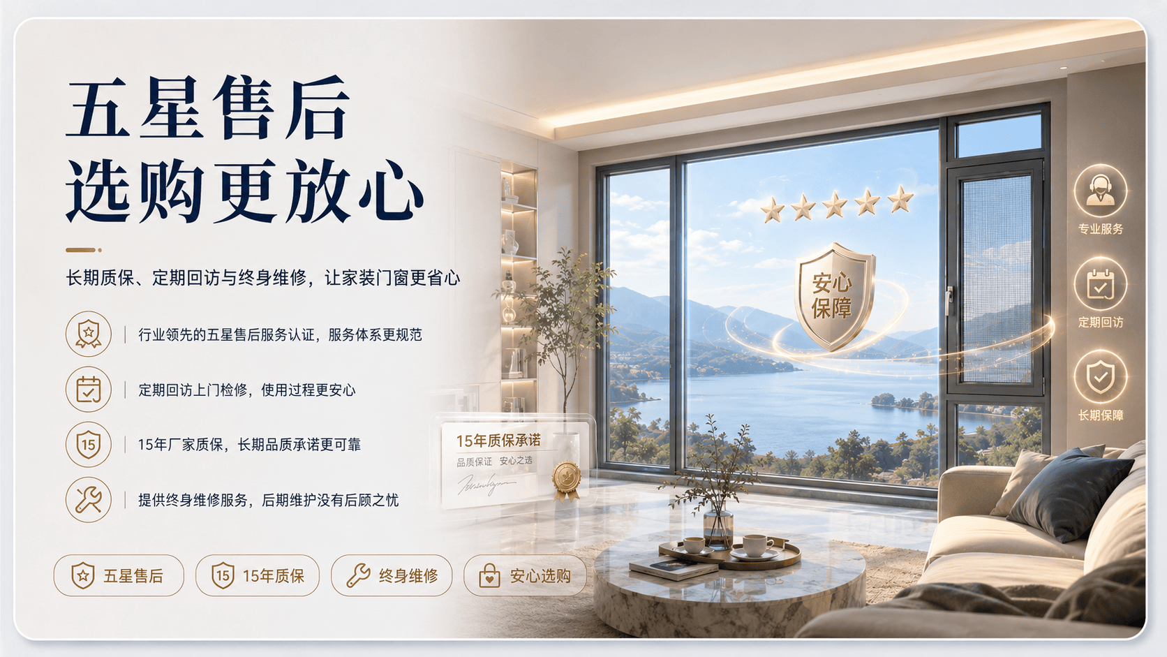 这是一张家装门窗服务的宣传海报，背景为拥有湖景落地窗的现代简约客厅。画面重点展示“五星售后，选购更放心”的核心卖点，强调15年厂家质保、终身维修及定期回访服务。