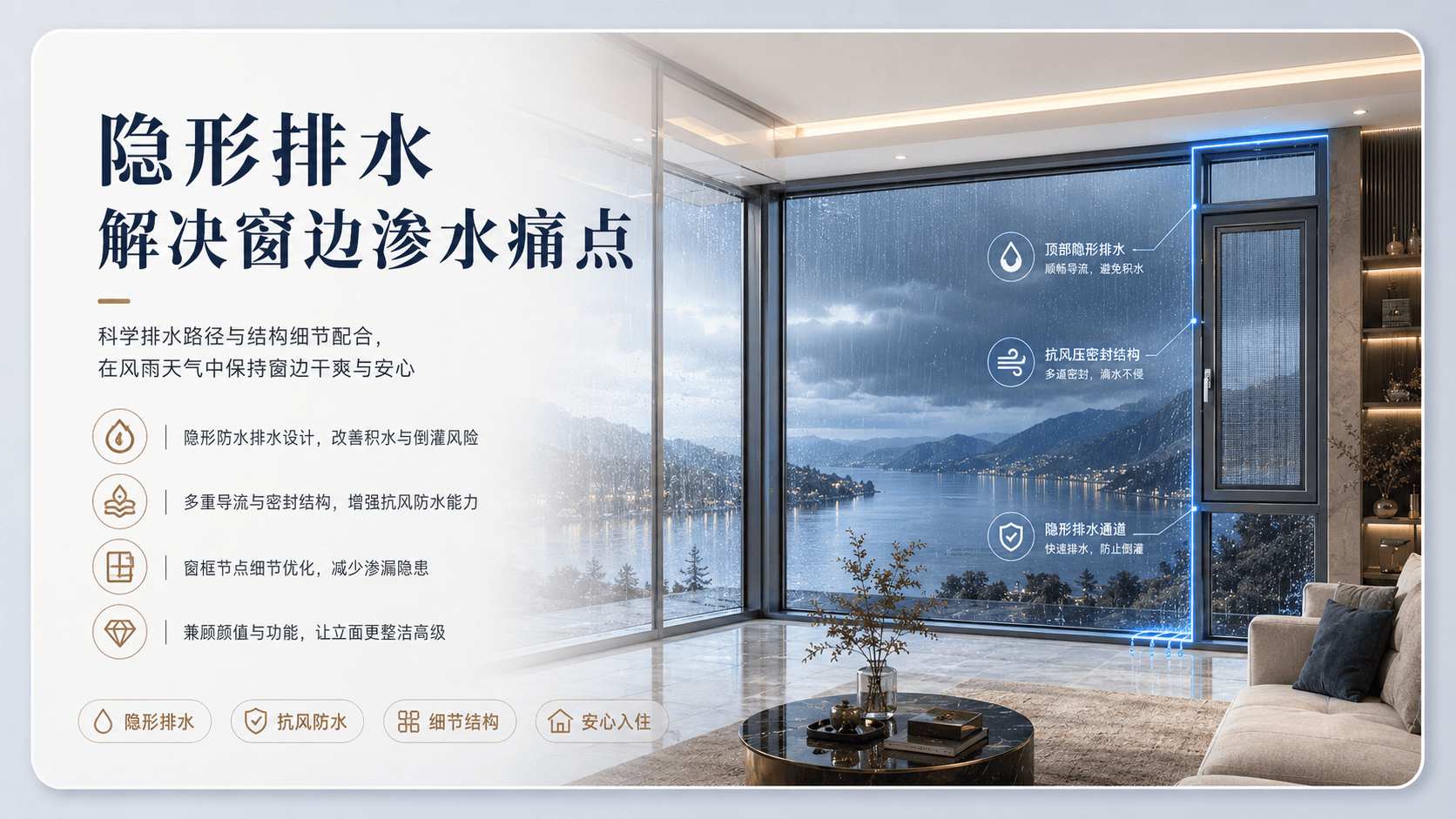 这是一张展示现代简约风格客厅大落地窗的宣传图。窗外风雨交加，窗内干爽舒适。核心展示“隐形排水”技术，通过科学排水路径与抗风压密封结构，有效解决窗边渗水痛点。深灰