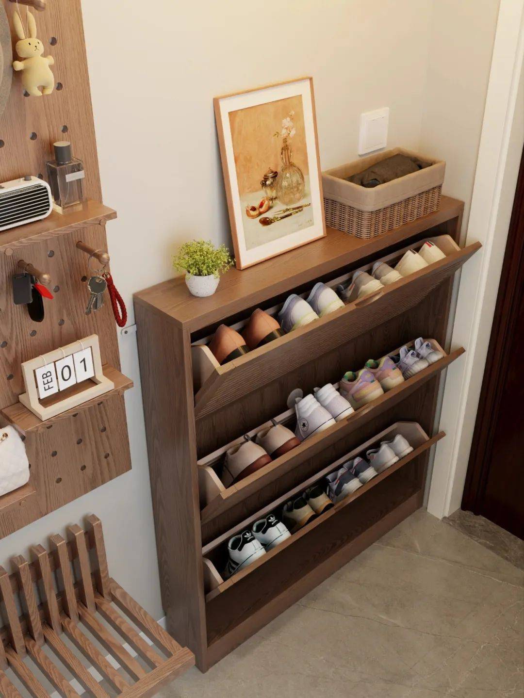 但翻斗鞋柜看着大,实际上放不下太多鞋子.