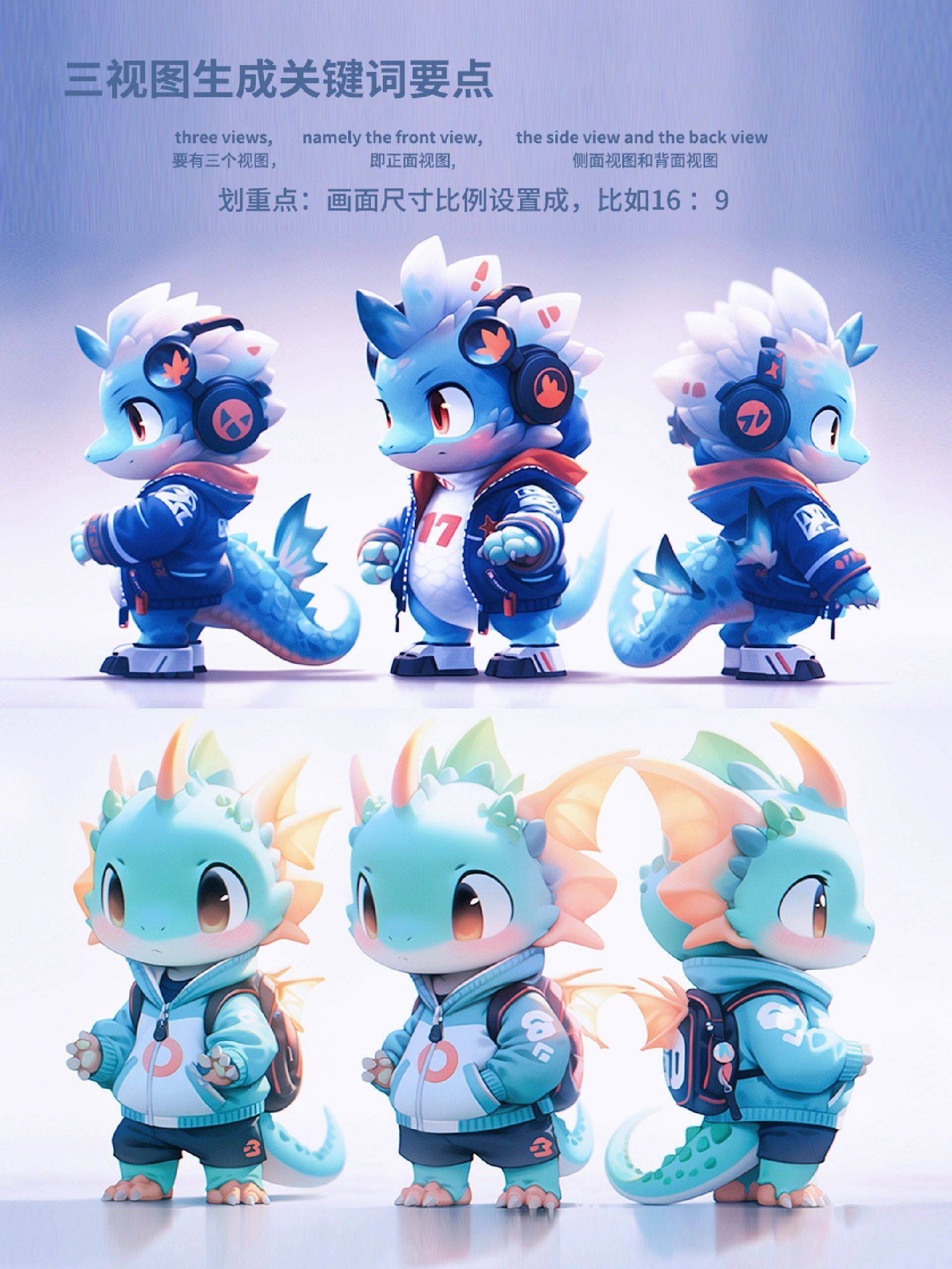 一键生成龙 ip 形象三视图(附关键词)_three_views_style