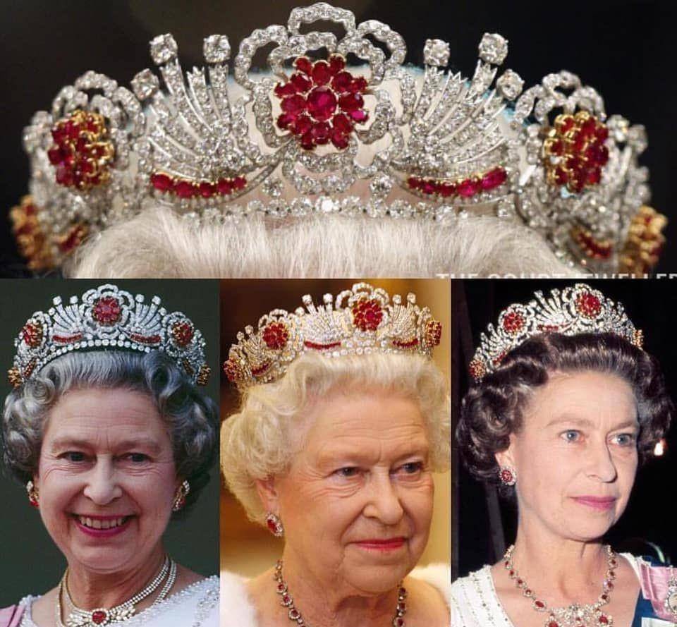 伊丽莎白女王二世佩戴缅甸红宝石王冠并搭配不同的红宝石首饰(图源