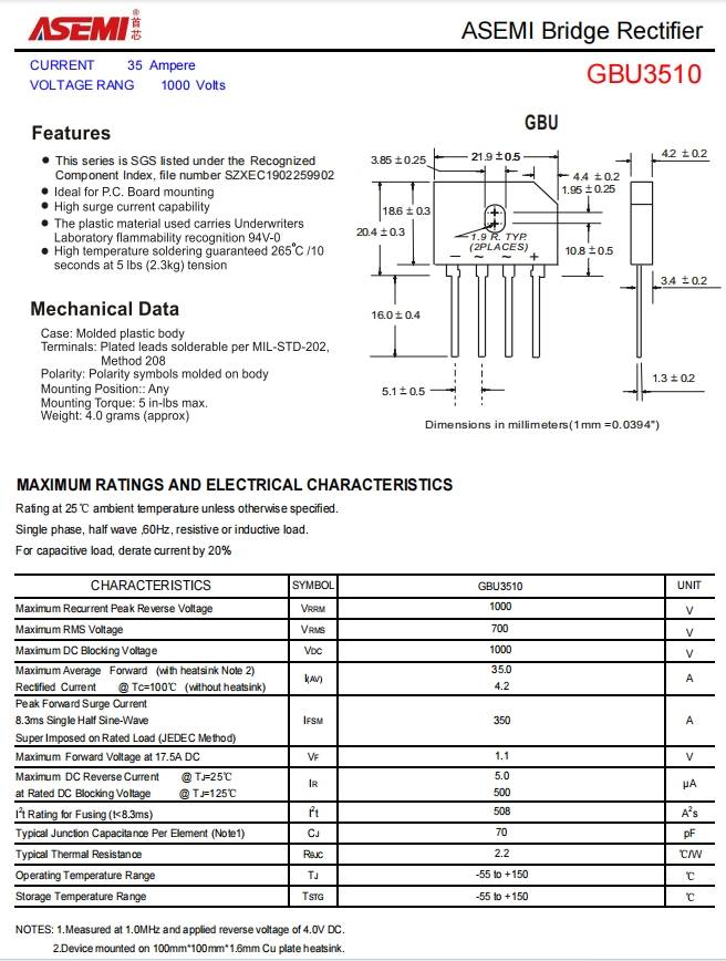 gbu3510asemi开关电源整流桥gbu3510