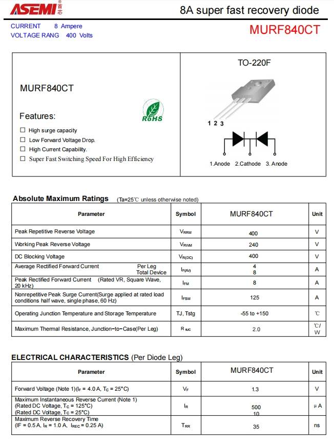 mur840asemi快恢复二极管mur840