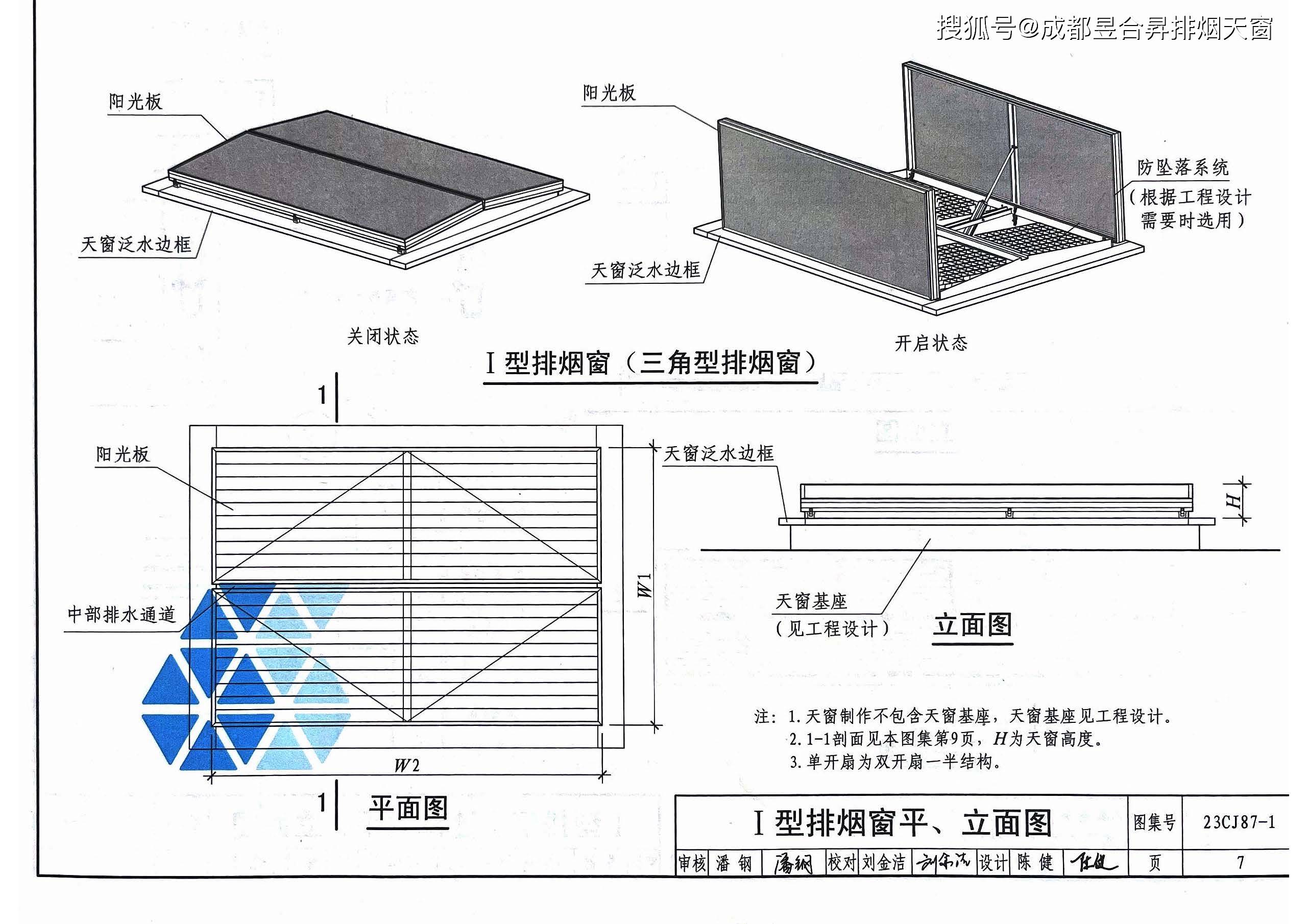 Ⅰ型排烟窗(三角型排烟窗)说明(选自23cj87-1采光,通风,消防排烟天窗