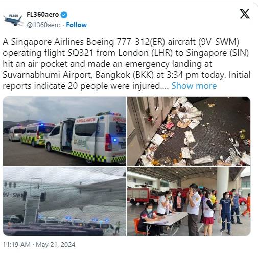 新加坡航空公司波音777-300型客机遭遇事故,至少2人死亡,另有30多人