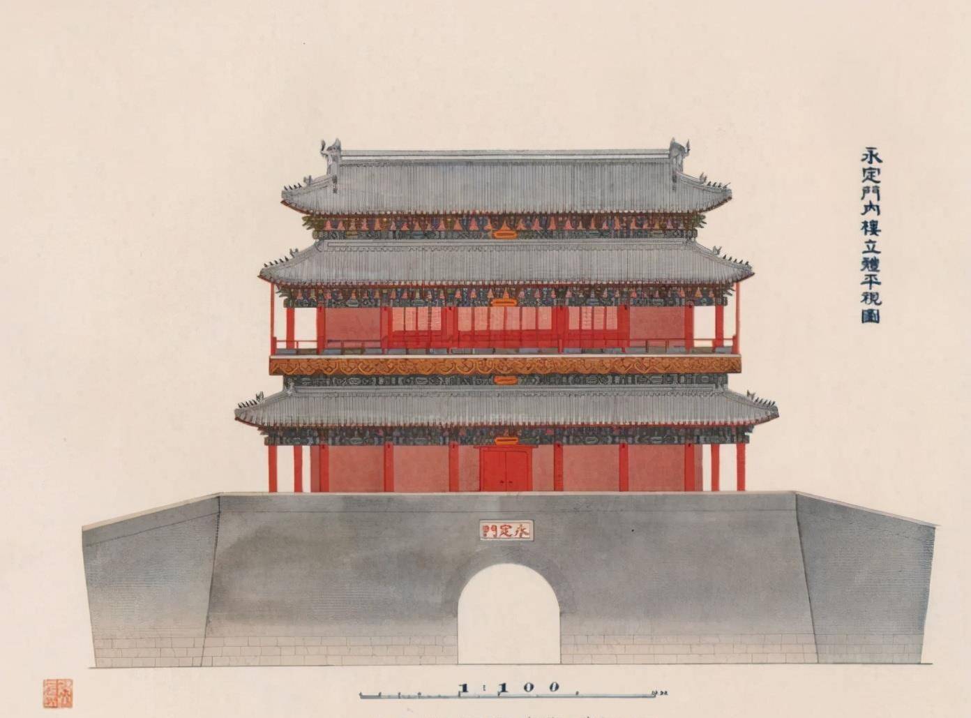 梁思成手绘北京永定门城楼手稿对于北京城墙和古建被拆除,你怎么看?