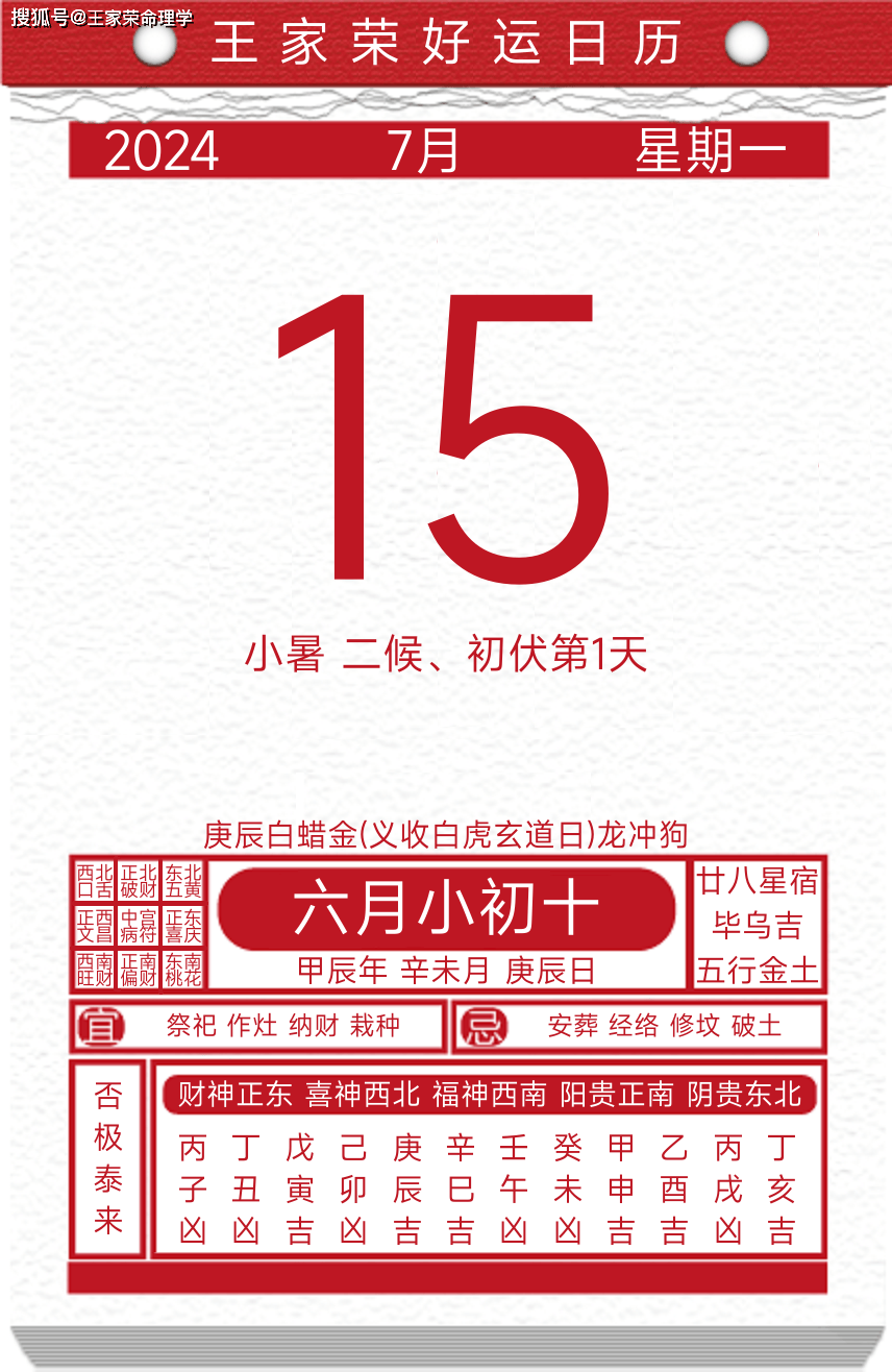 今日黄历运势吉日2024年7月15日