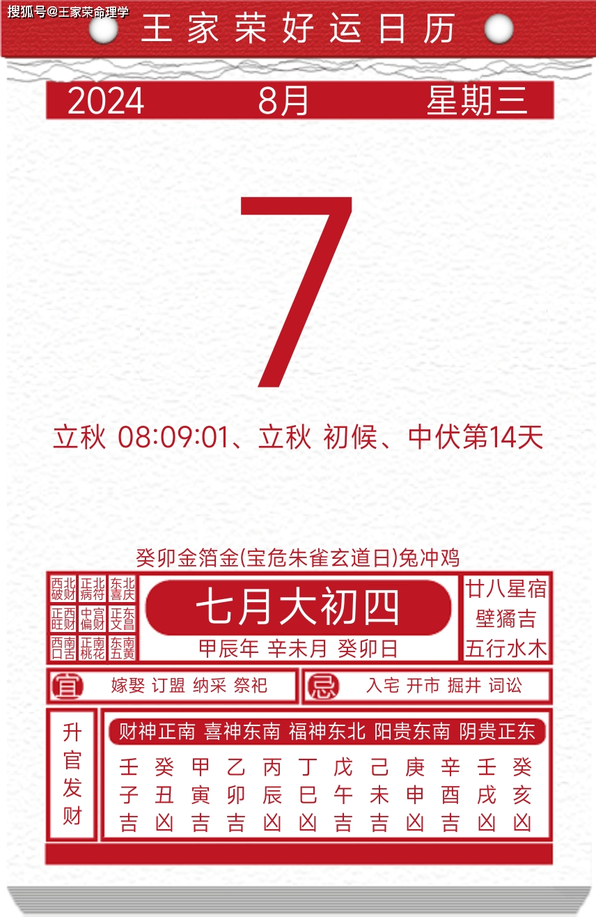 今日黄历运势吉日2024年8月7日