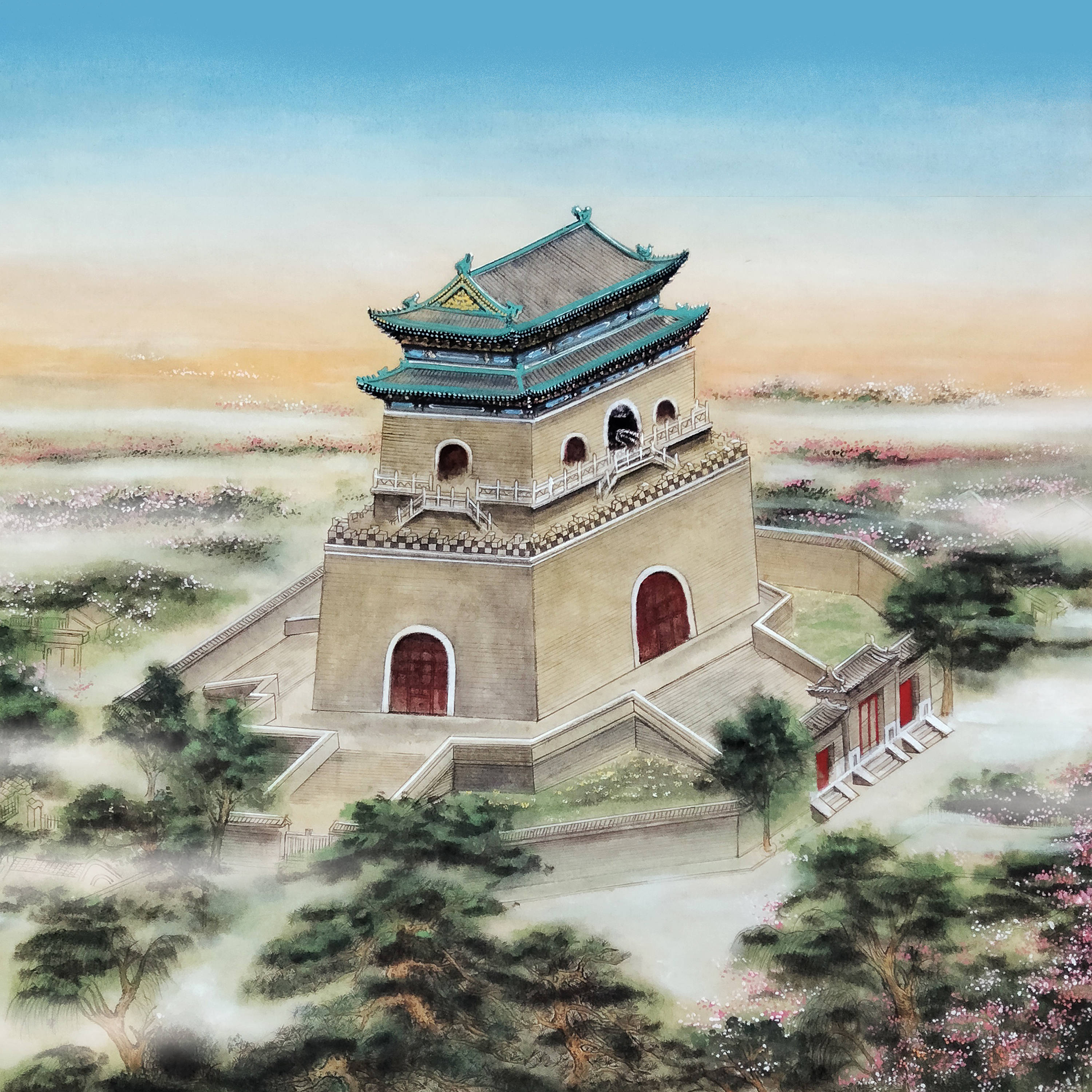 界画寒江---北京中轴线 . 钟鼓楼_cm_工笔_纸质