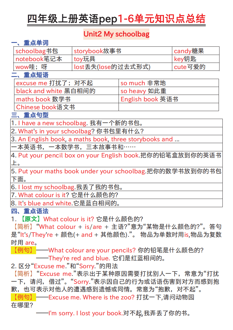 四年級上冊英語pep1-6單元知識點總結