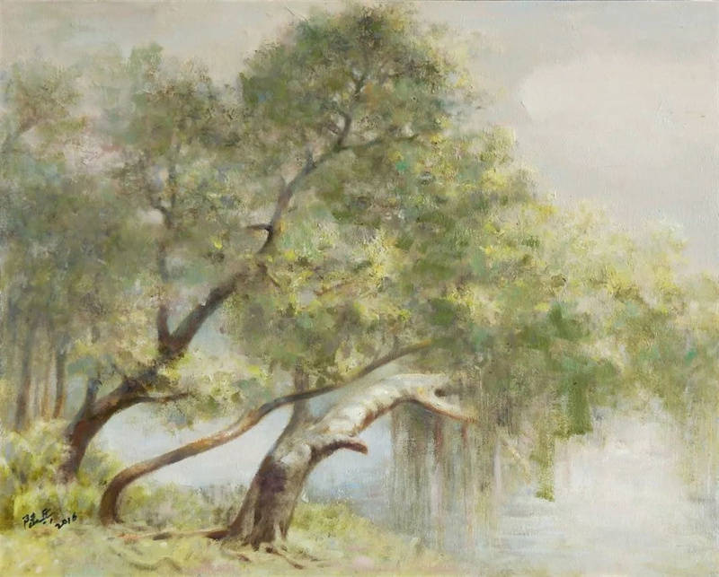 油画家陆兵《雨后湖边树》:感受雨后湖边的静谧