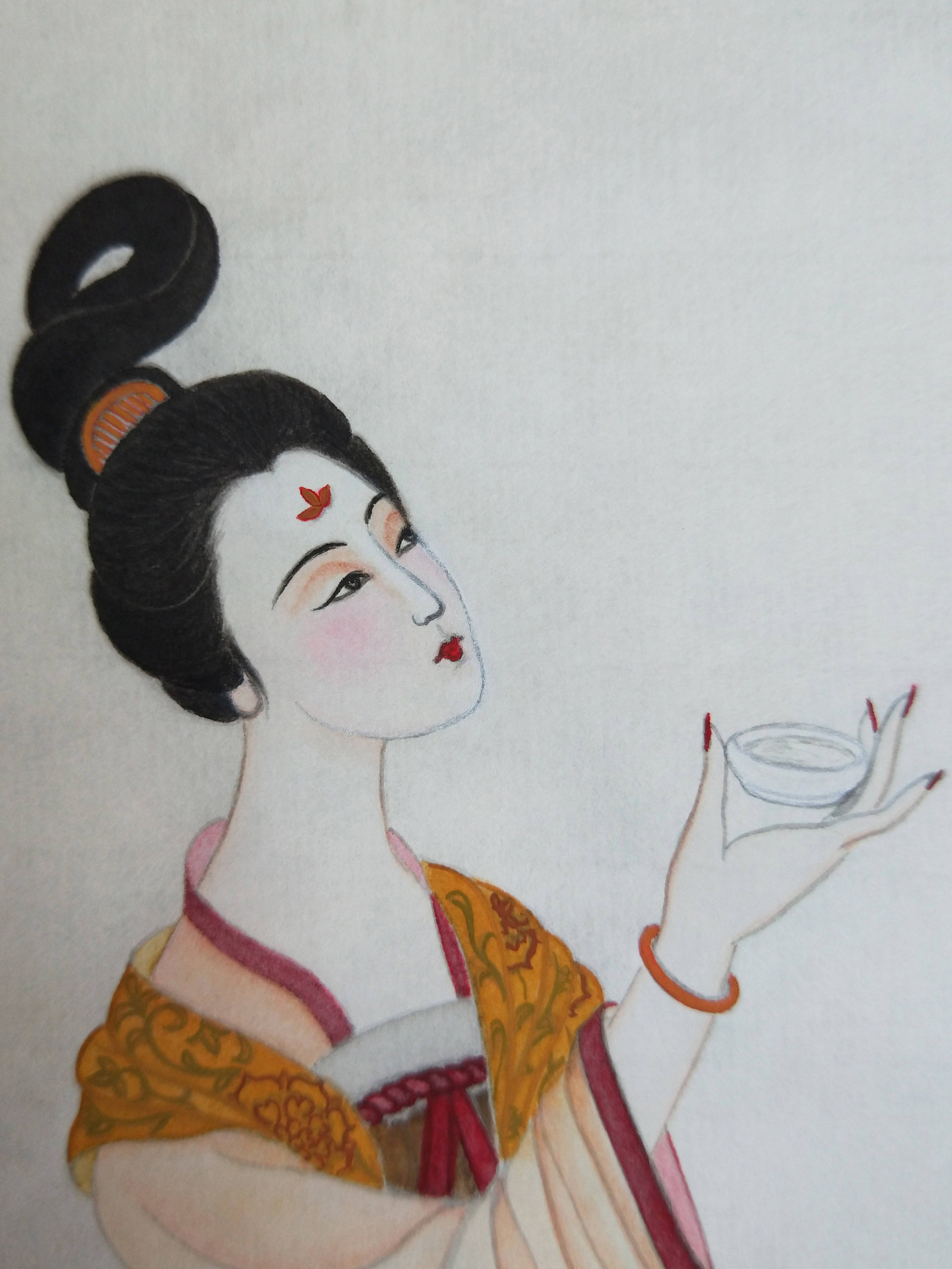 秋夜独酌图(黄丽燕国画唐代服饰工笔人物绘画传统仕女图)