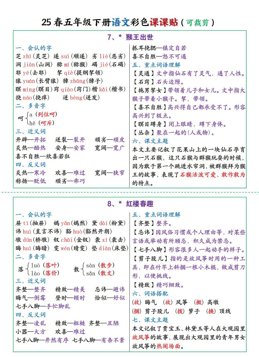 五年级下册语文彩色课课贴12页