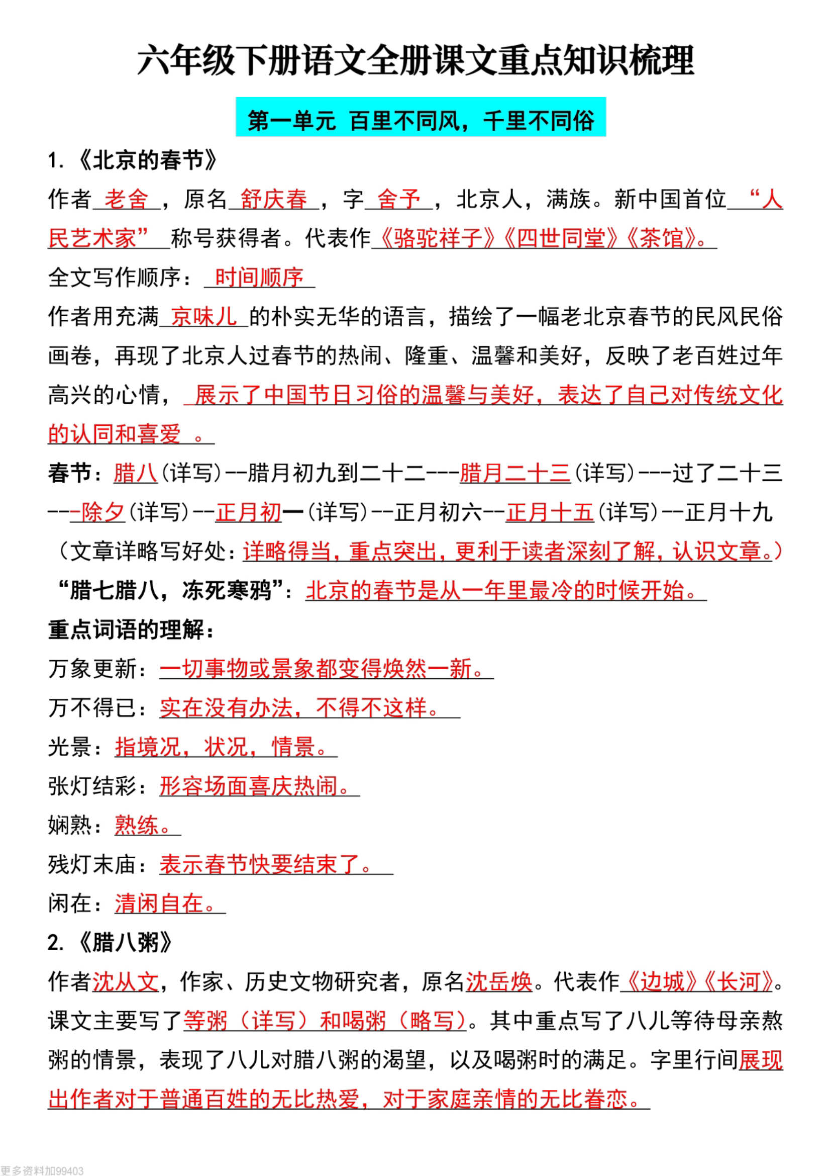 六年级下册语文全册课文重点知识梳理