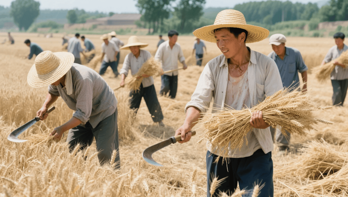 乡村记忆3过去生产队集体收割麦子的火热景象