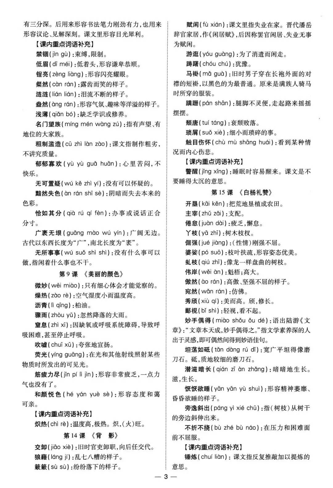 及课内重点词语,包括词语的拼音,含义,如 "溃退