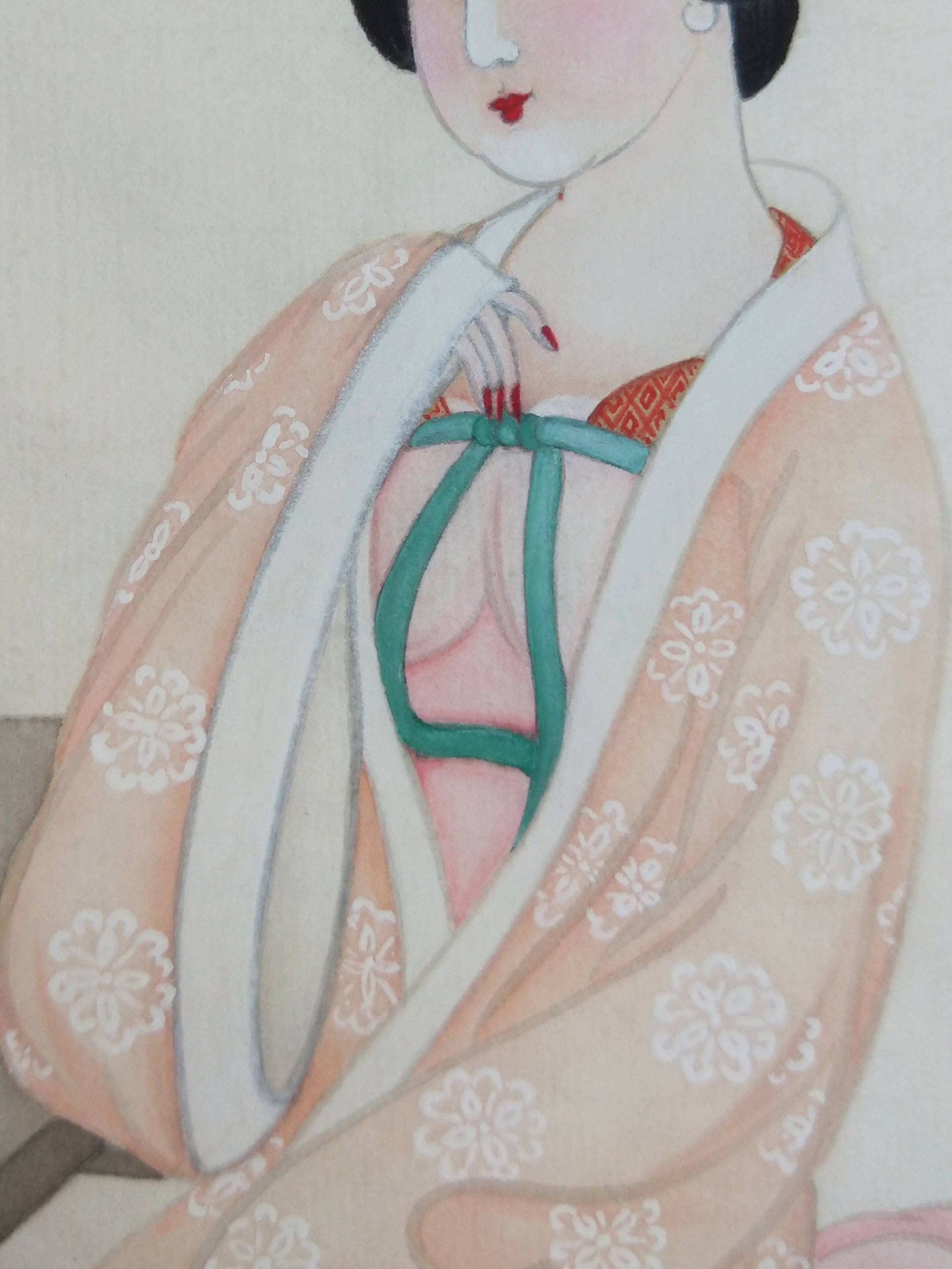 丽人临镜图(黄丽燕国画唐制汉服造型倭坠髻仕女图纯手绘工笔人物画)