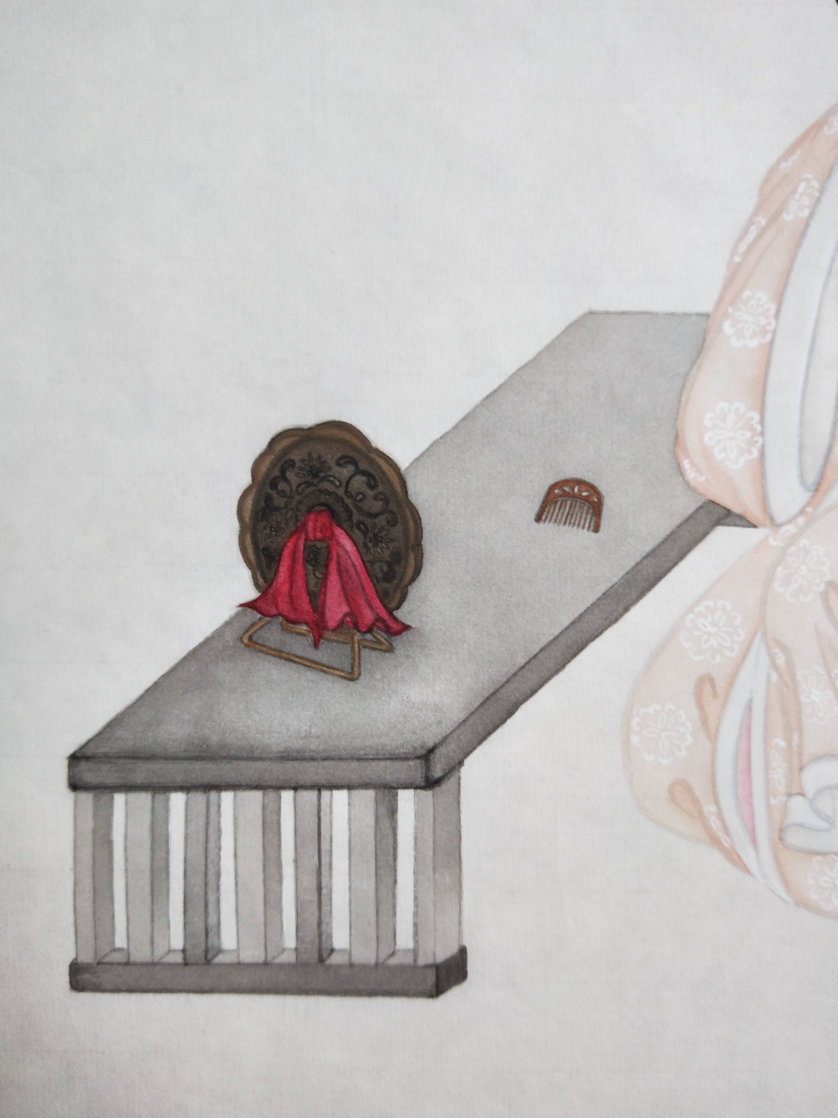 丽人临镜图(黄丽燕国画唐制汉服造型倭坠髻仕女图纯手绘工笔人物画)