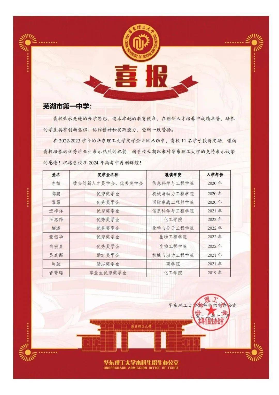 芜湖市第一中学相继收到全国多所双一流,985高校喜报,分别来自东南