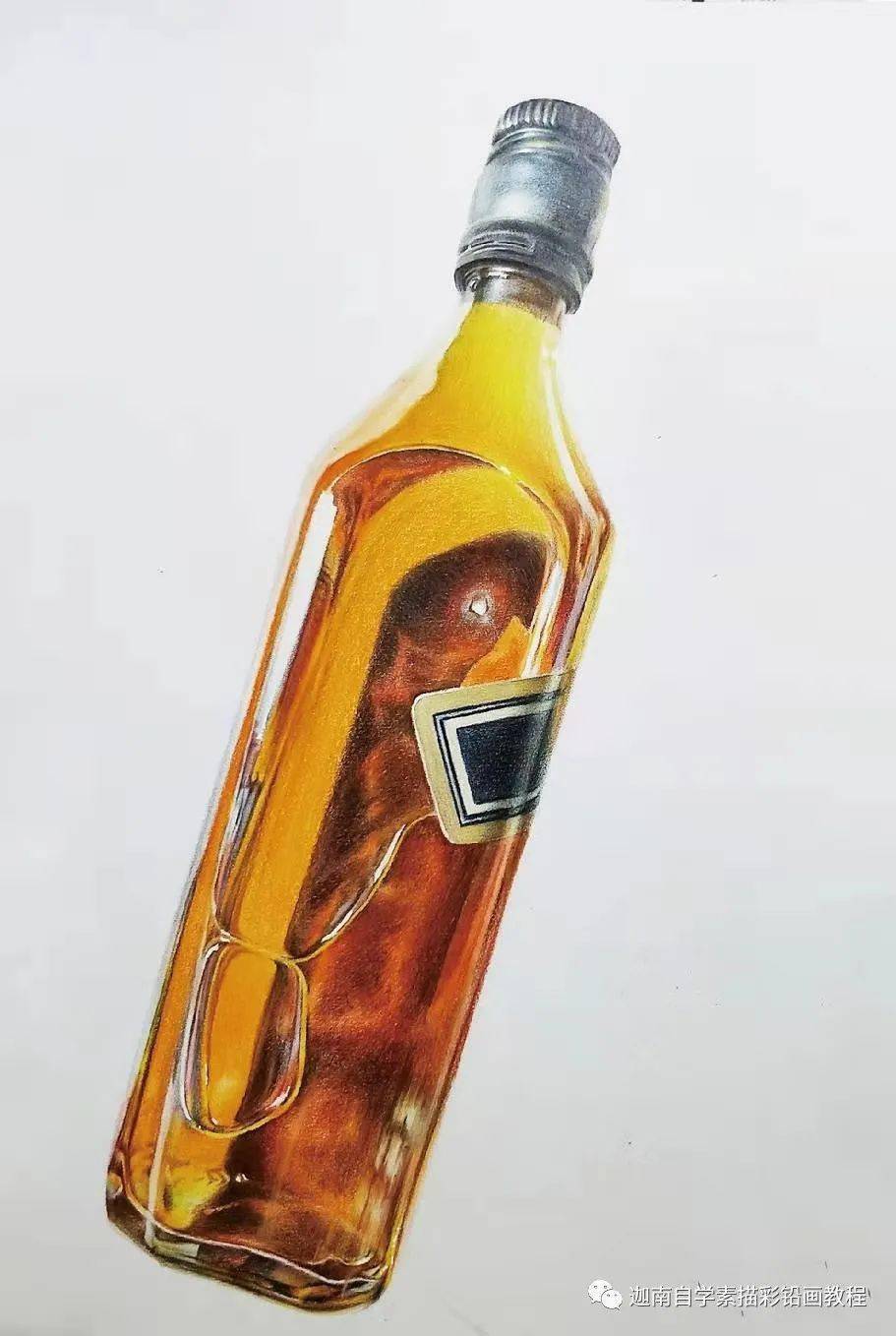 写实彩铅画酒瓶_颜色_瓶盖_部分