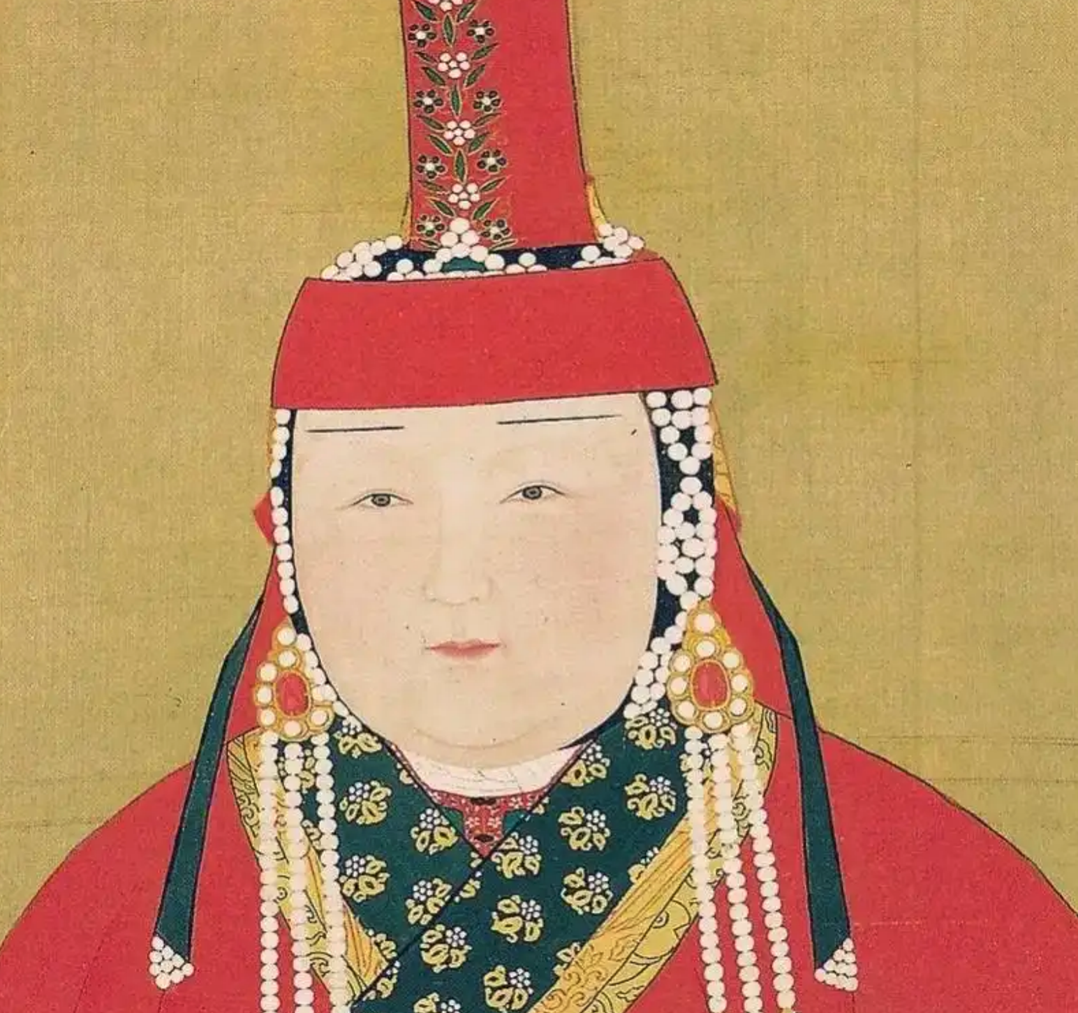 察必皇后像,皇后头戴的风格大胆红色高帽是元朝皇族或贵妇服饰中最具