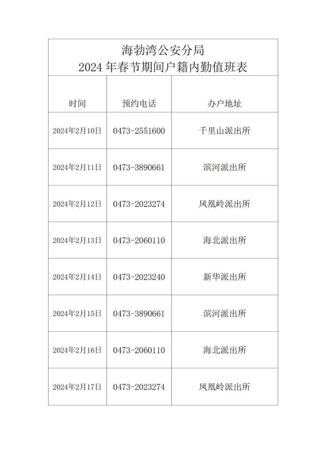 乌海市公安局春节假期公安派出所户籍业务值班表