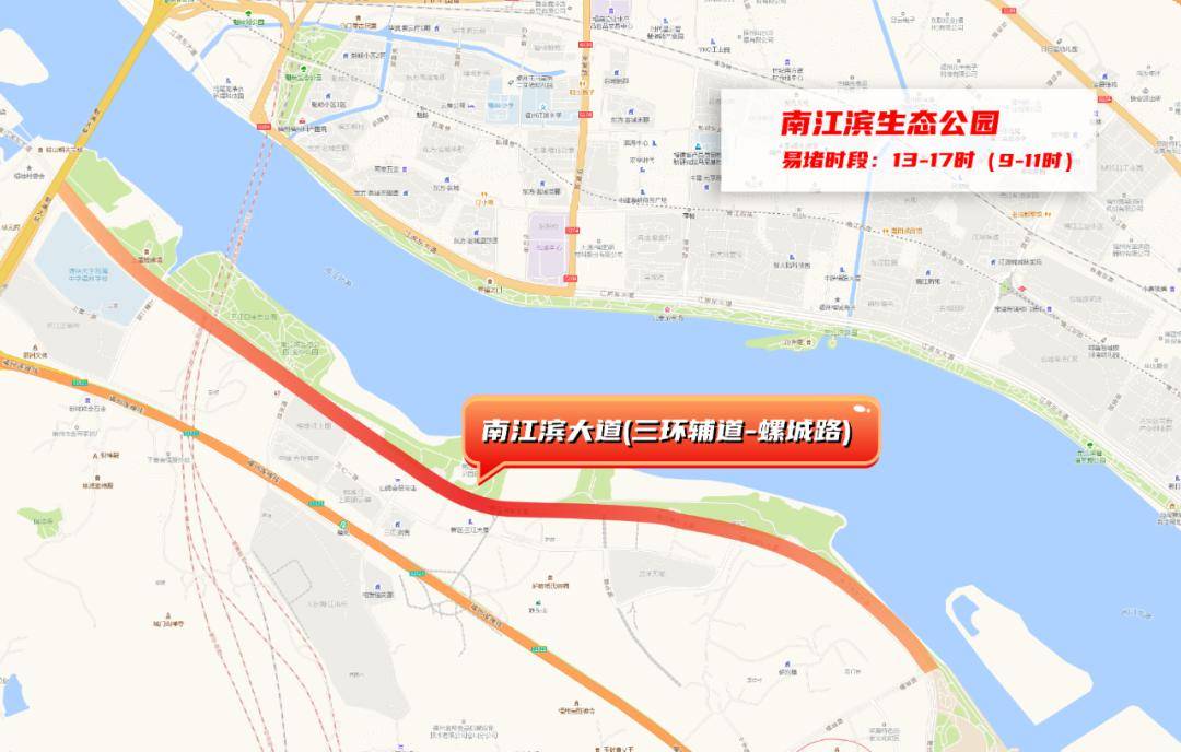 交通流量,城區道路極易發生擁堵,擁堵路段主要在祥謙方向(北園高架