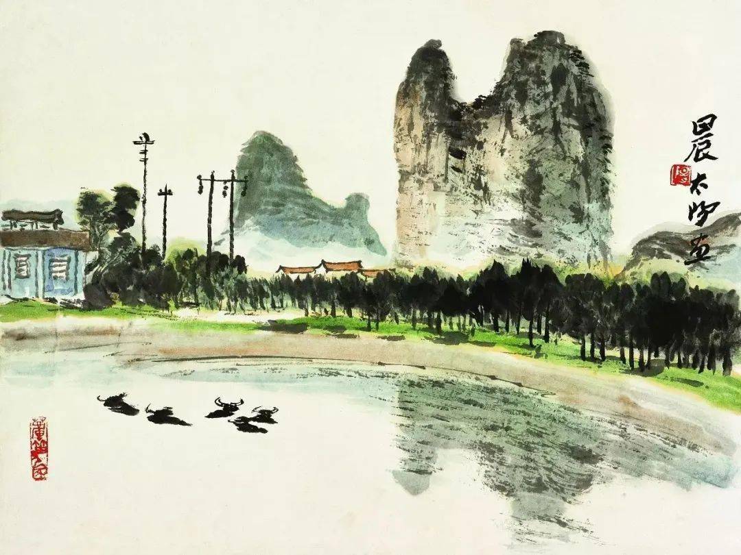 百岁老人画漓江,太美了_太阳_cm_纸本