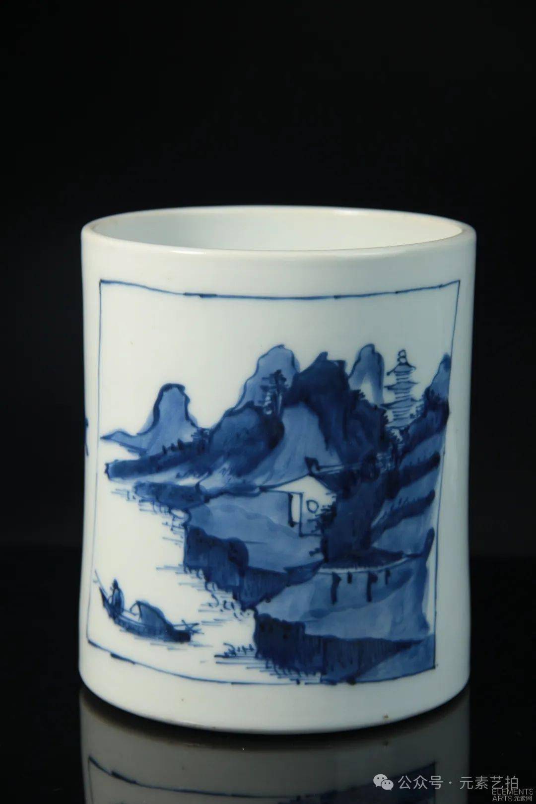no:10名称:康熙青花山水纹,博古纹笔筒尺寸:口径11.