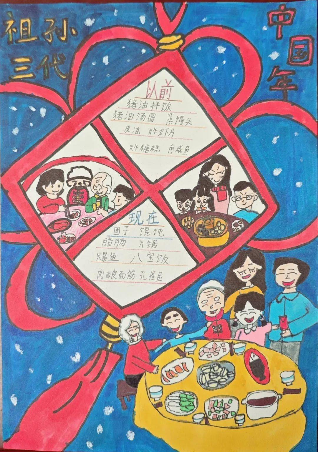 运大行龙三年级的队员们拿起画笔,画出了三代人的中国年.