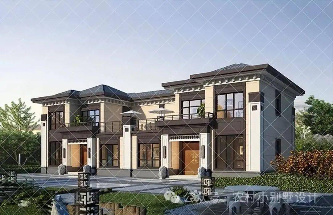 20款新中式二层双拼别墅,造型对称设计霸气二层双拼新中式别墅气势