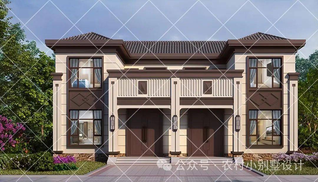 20款新中式二层双拼别墅,造型对称设计霸气二层双拼新中式别墅气势