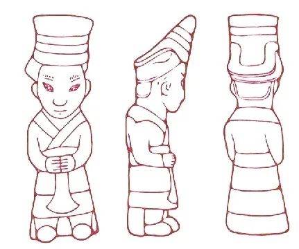 河南安阳出土的商代石人像(三视图)石人戴帽,上身着衣,下身着裳,腰间