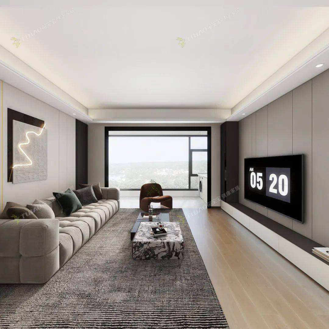 背景墙上用艺术画进行了装饰,地面铺设一席地毯并摆上一个正方形的