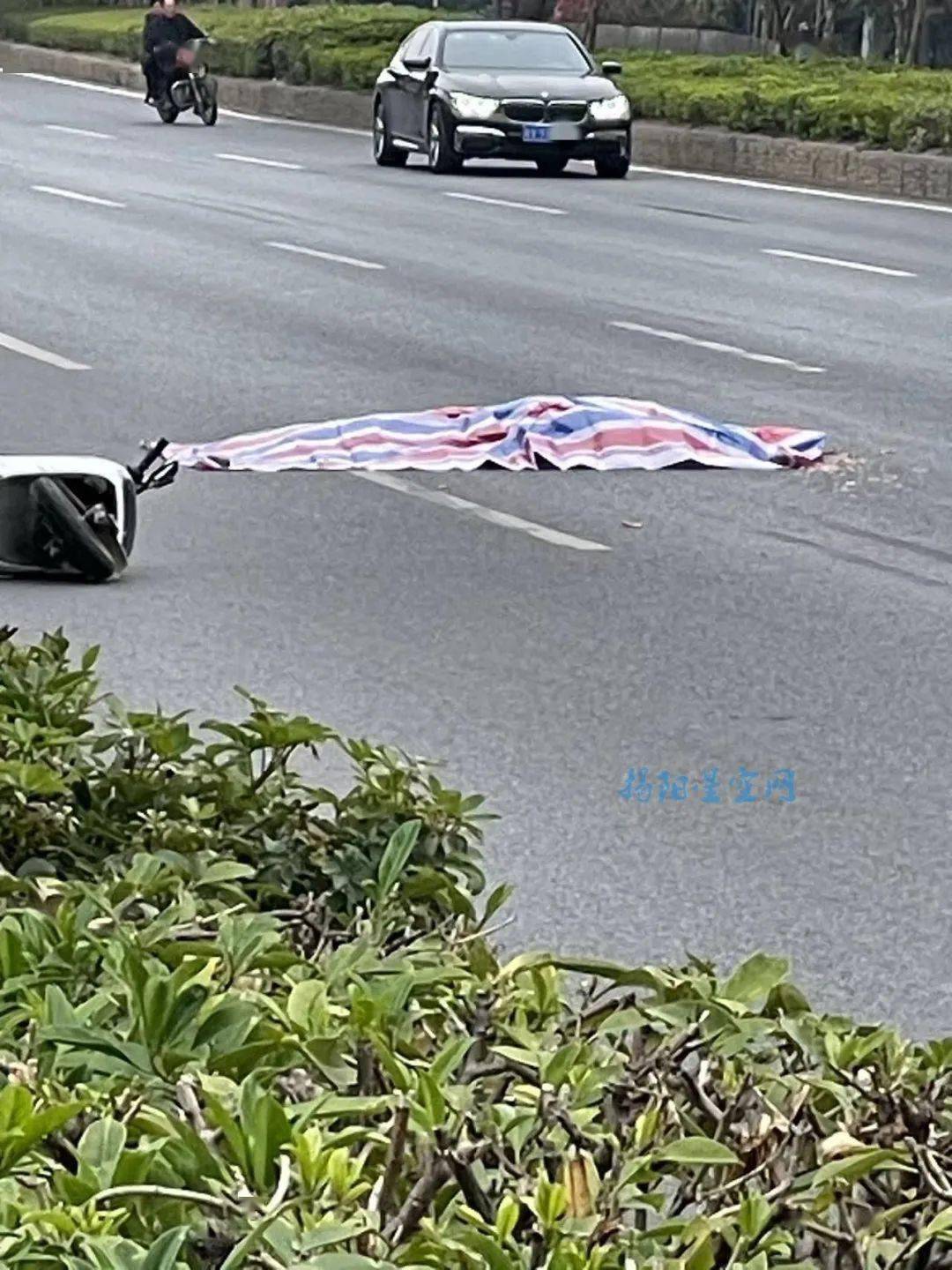 揭阳206国道炮台路段一人发生车祸,当场被盖三色布._生活_视频_网友