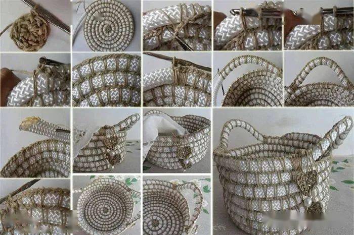 手提篮布条加彩线钩起来定型条,塑料管,铁丝,也能用戳视频学习麻绳钩