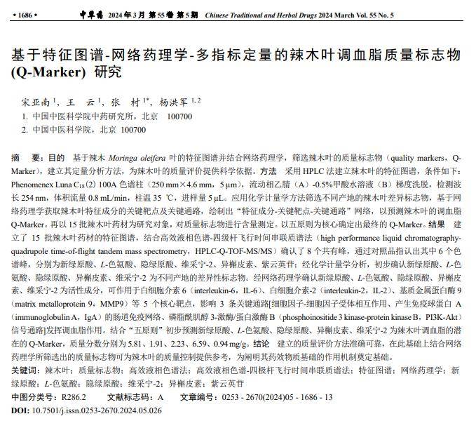 基于特征图谱网络药理学多指标定量的辣木叶调血脂质量标志物qmarker