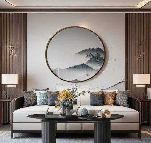 新中式沙发背景墙的色彩搭配,一般以中性色或暖色调为主,如米白,灰色
