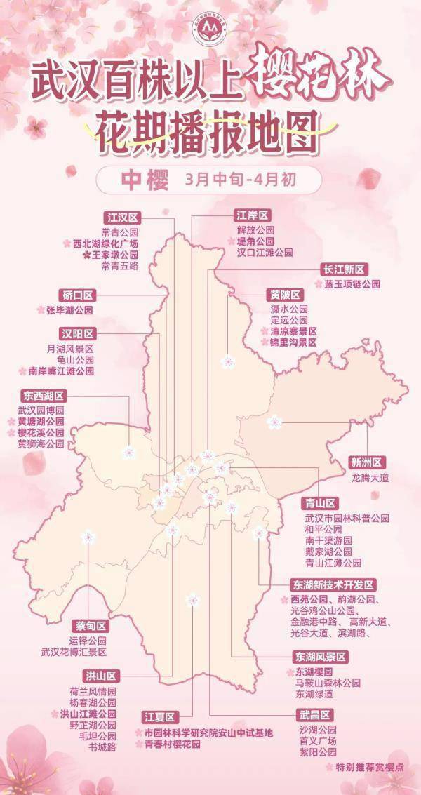 最新最全武汉78处百株以上赏樱花期地图来啦
