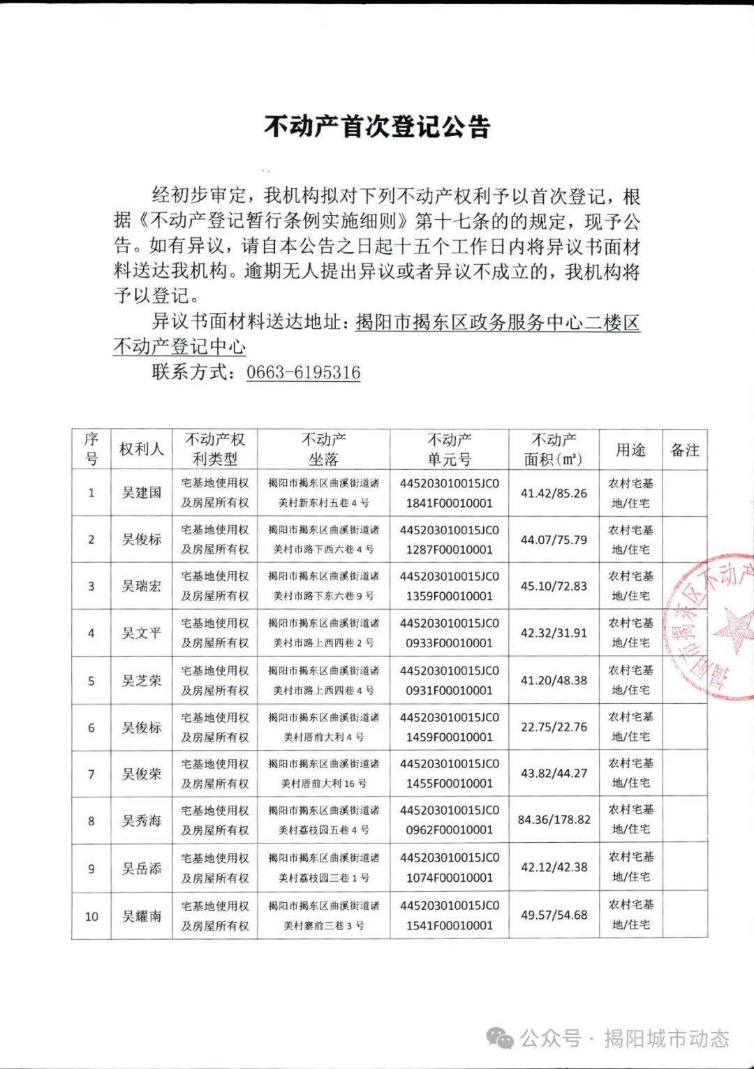 名单公布揭东一村不动产首次登记公告