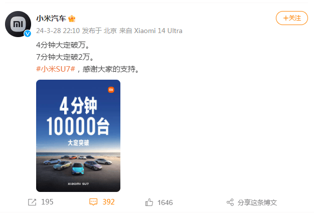 小米汽车上市27分钟大定破5万_消息_官方_微博