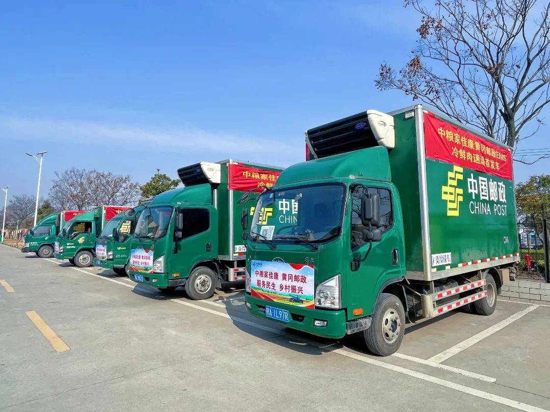 5辆满载20余吨中粮家佳康鲜猪肉的邮政冷链车首发至黄冈各县(市,区)
