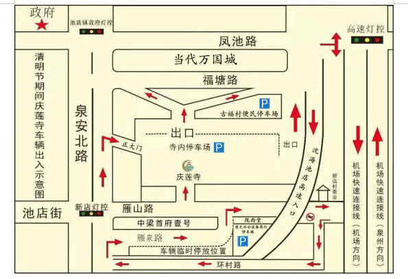 四,庆莲寺交通引导示意图:交警部门将对泉安北路池店镇庆莲寺路口实施