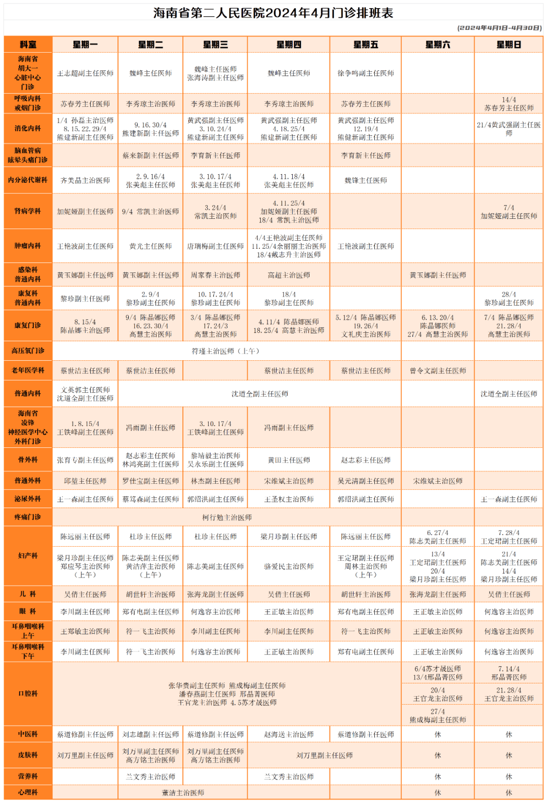 海南省第二人民医院2024年4月 门诊排班表