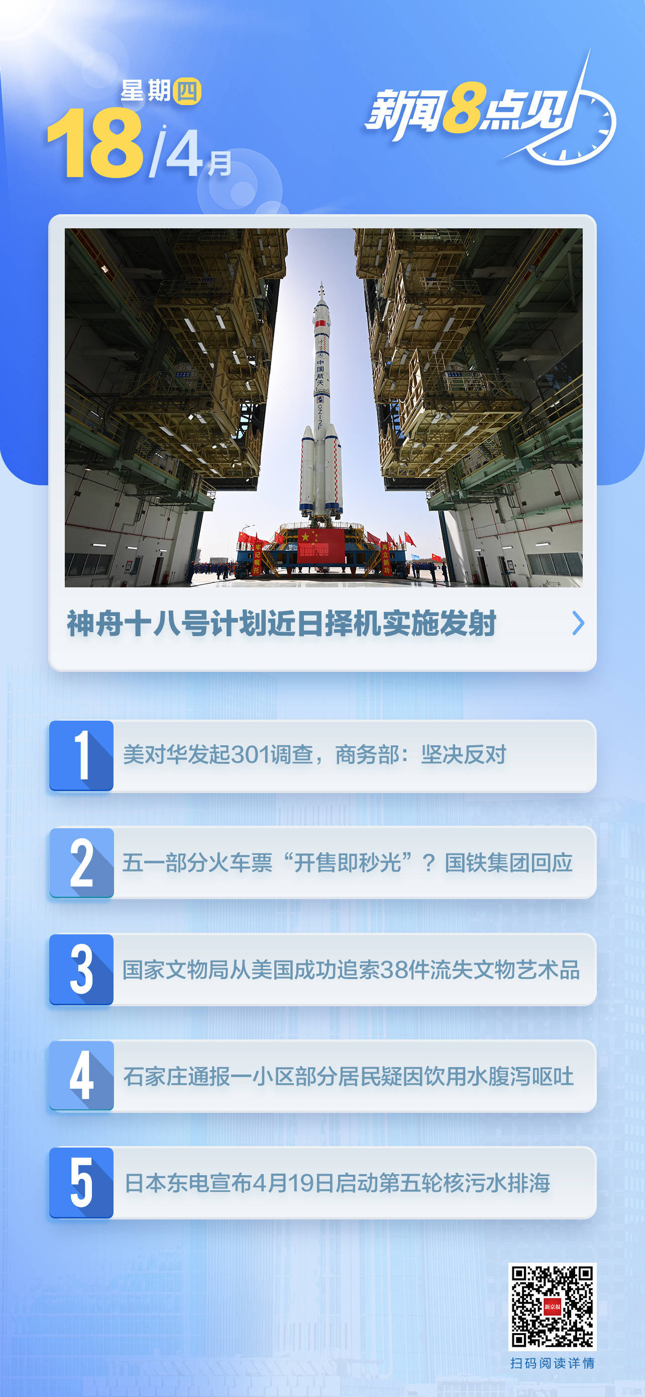 新闻8点见丨国铁回应五一车票开售秒光神十八近日择机发射