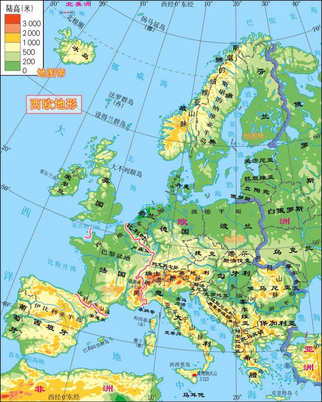 三边临水,陆地邻国按顺时针方向有:比利时,卢森堡,德国,瑞士,意大利