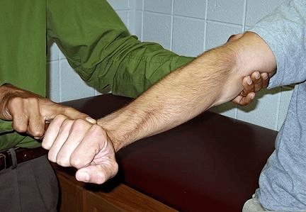 伸直手臂后握拳,请别人帮助或自己用另一只手压手背,然后手腕做背伸