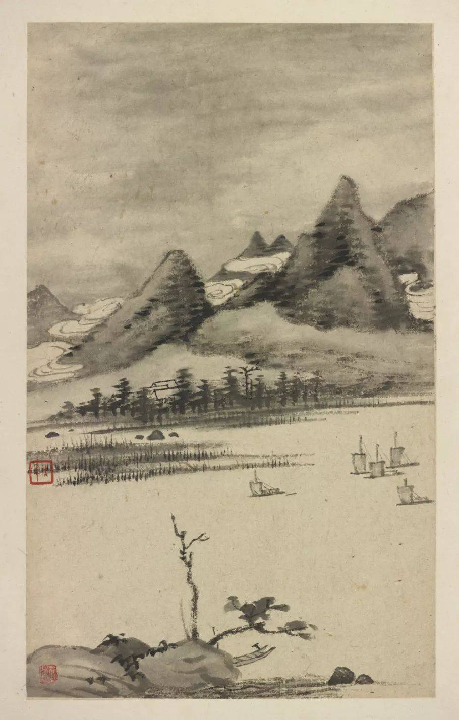 3,组合式构图渐江传世山水画作品大多构图严谨又奇纵多变,往往一幅画
