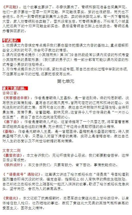 部编版语文四年级下册每课主题归纳 考点提示