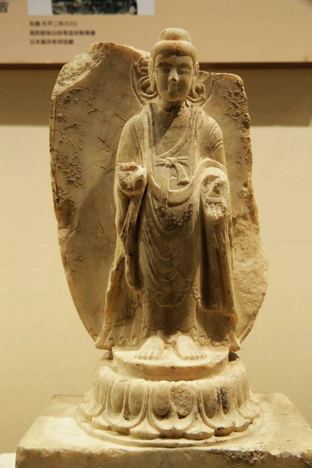 间呈弧形下垂,裙下缘外侈,衣褶起伏有序,手施无畏印,与愿印,跣足立